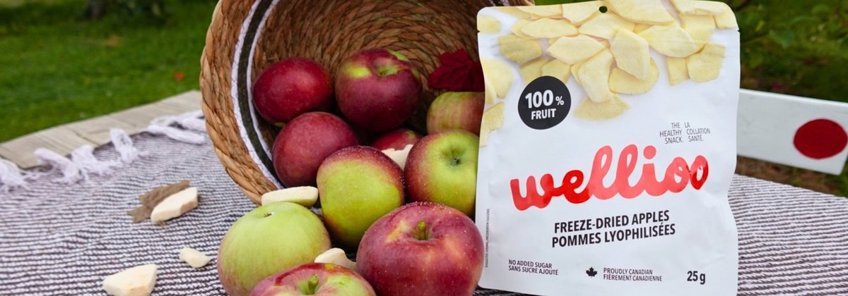 Pommes rouges du Québec fraîchement cueillies dans un panier de verger, à côté d'un sachet de pommes lyophilisées Wellioo